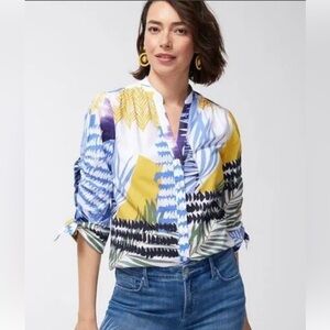 Chico’s Mixed Foliage Print Cotton Blouse Ruched 3/4 Sleeve Size 2 (12)